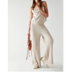 Free People Beach Oatmeal Yellow Ribbed Knit Sweater Wide Leg Pant Tank Set  XS